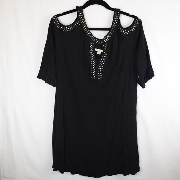 Cato EST. 1946 Blouse Women's Large Black Cold Shoulder Studded Keyhole Top - Picture 1 of 10